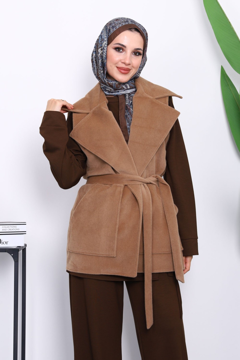 İmaj Butik Lacivert Kruvaze Yaka Kuşaklı Kaşe Yelek