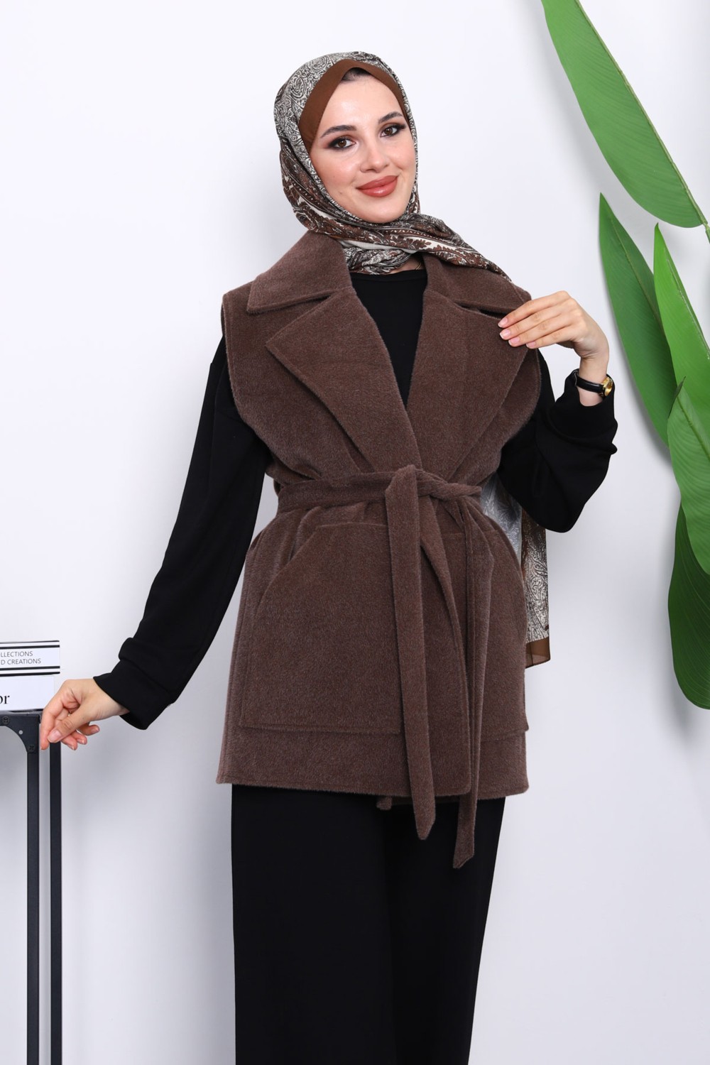 İmaj Butik Lacivert Kruvaze Yaka Kuşaklı Kaşe Yelek