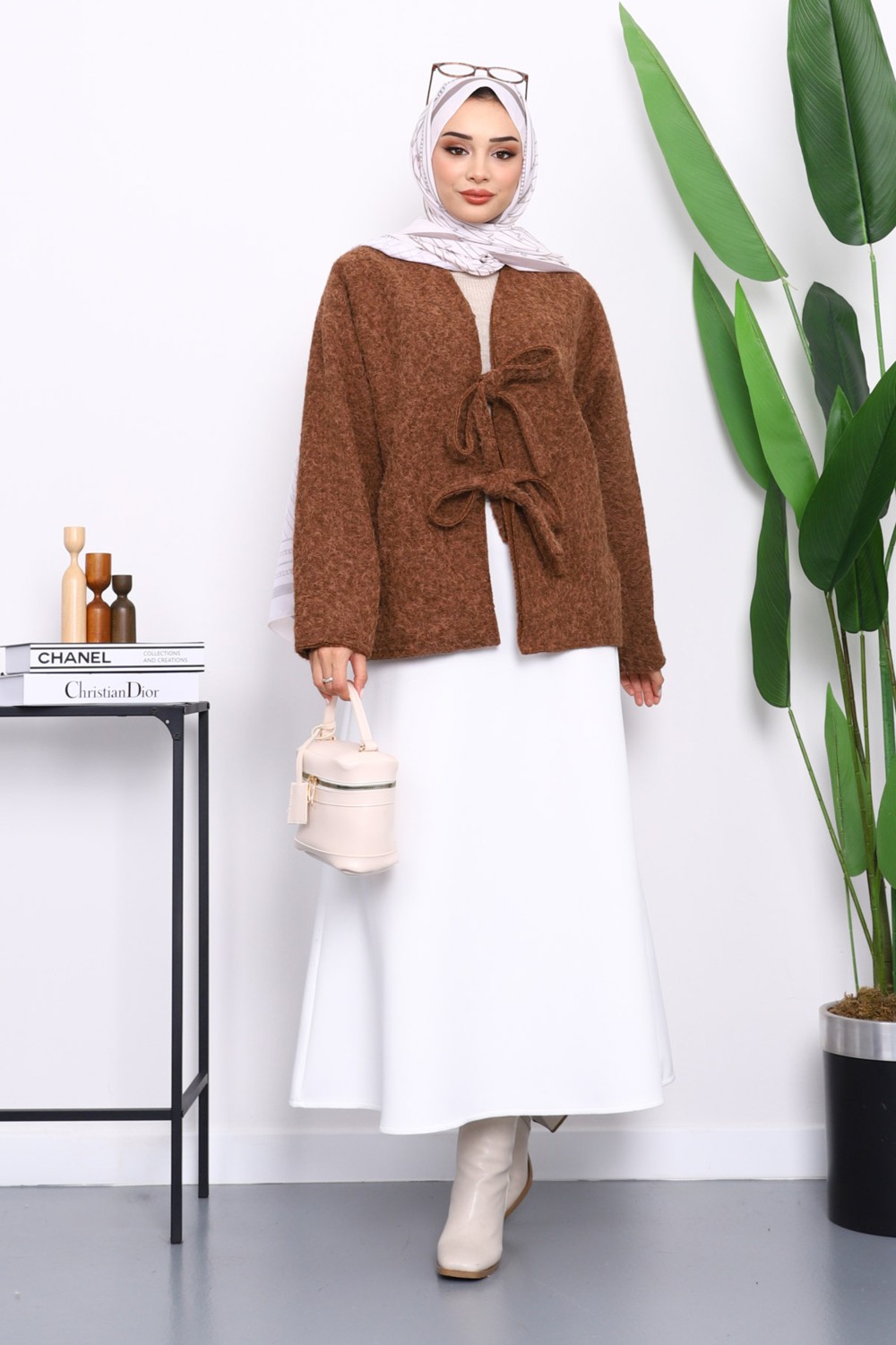 İmaj Butik Kahverengi Önü Bağlamalı Keçe Kimono Ceket görsel 2