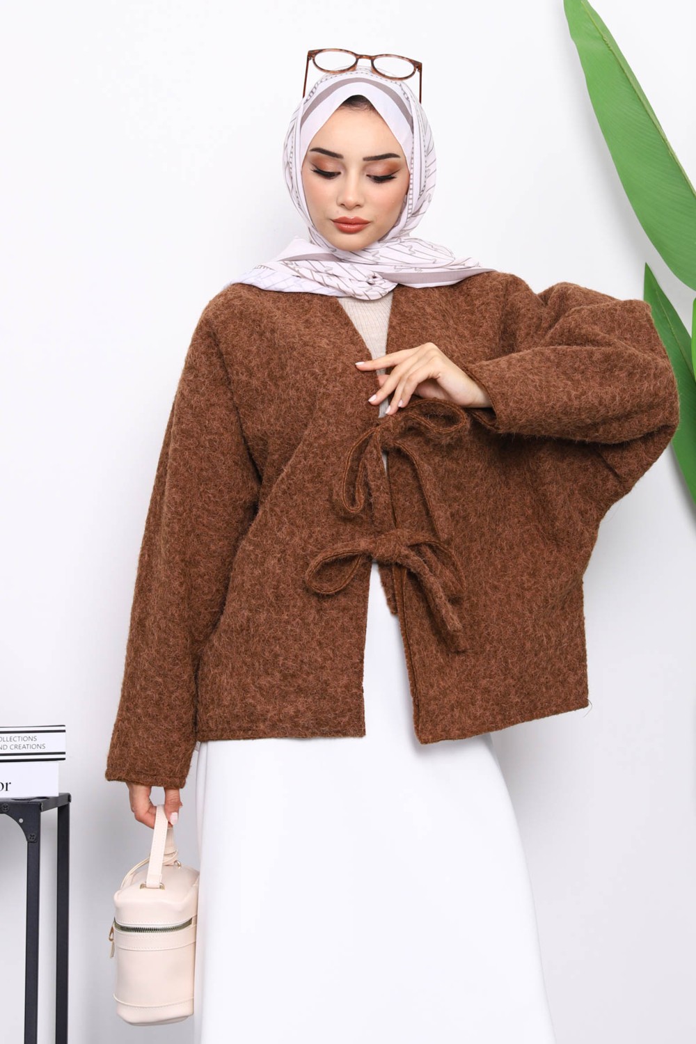 İmaj Butik Kahverengi Önü Bağlamalı Keçe Kimono Ceket görsel 3