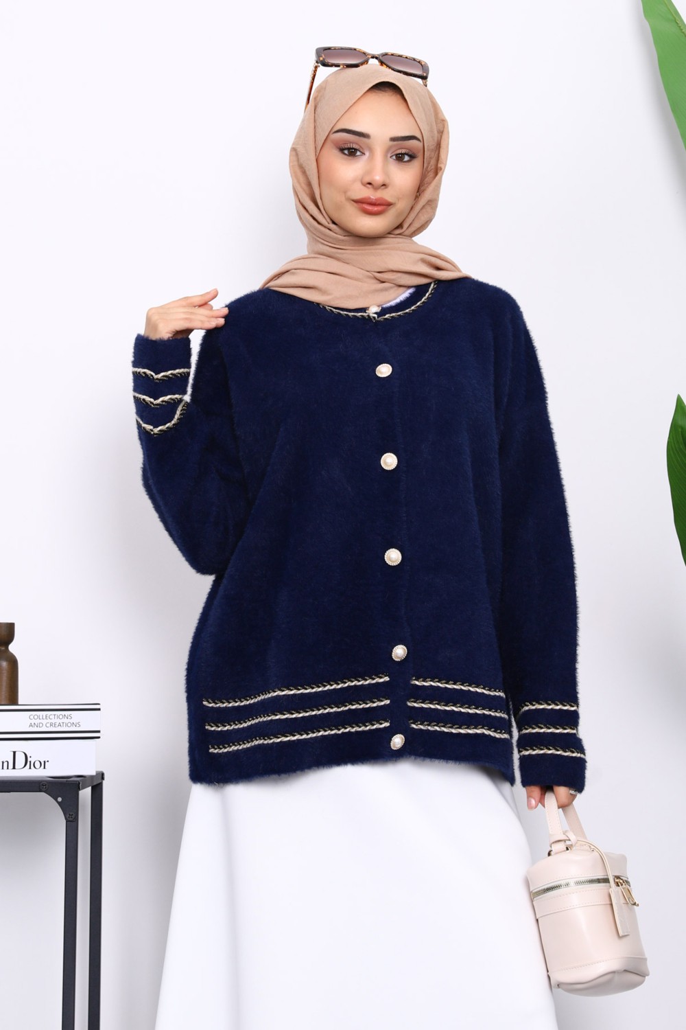 İmaj Butik Lacivert Biye Detaylı Angora Yumoş Triko Hırka