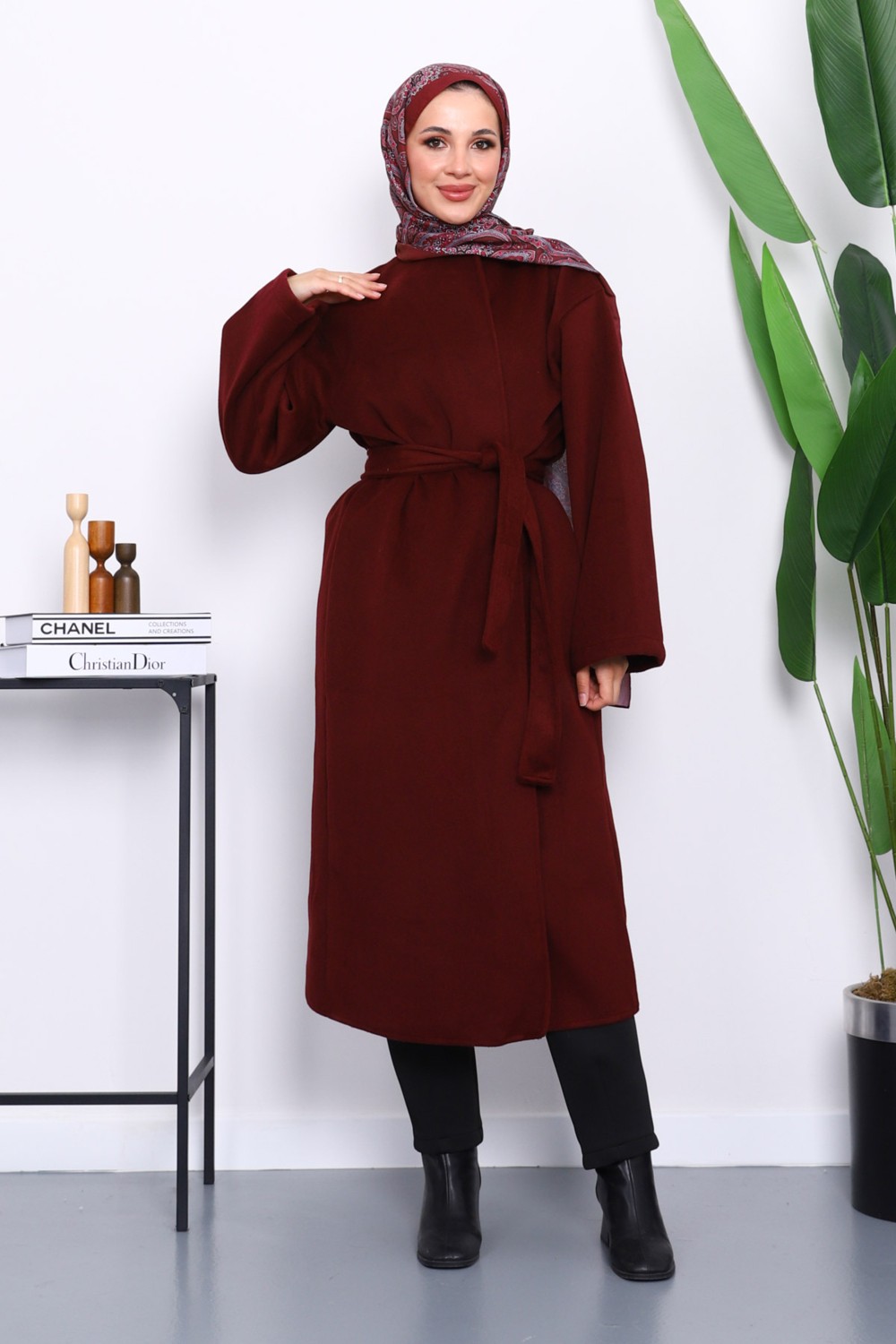 İmaj Butik Bordo Kuşaklı Kaşe Kaban