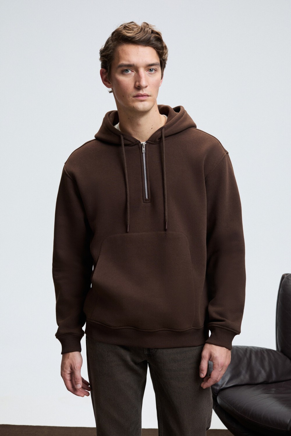 Grimelange JUSTUS Erkek Kapüşonlu Kanguru Cepli Fermuar Yakalı Siyah Sweatshirt görsel 8