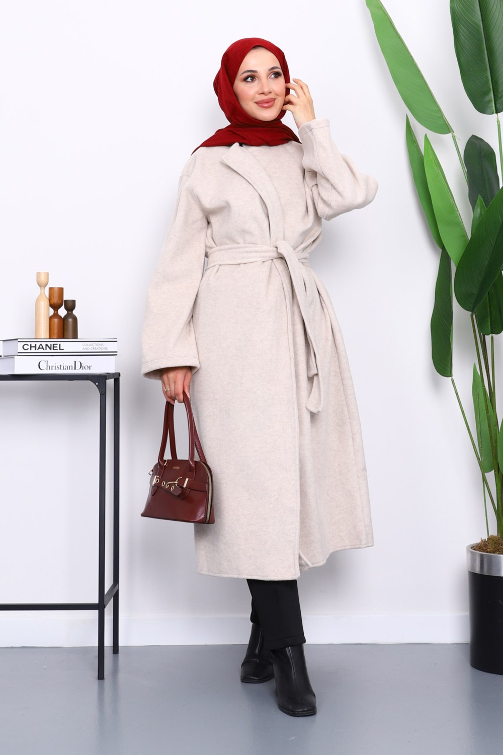 İmaj Butik Bordo Kuşaklı Kaşe Kaban