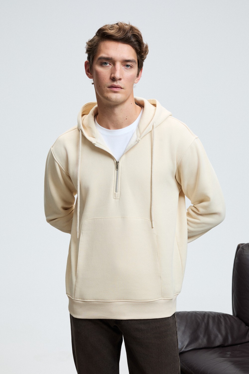 Grimelange JUSTUS Erkek Kapüşonlu Kanguru Cepli Fermuar Yakalı Siyah Sweatshirt