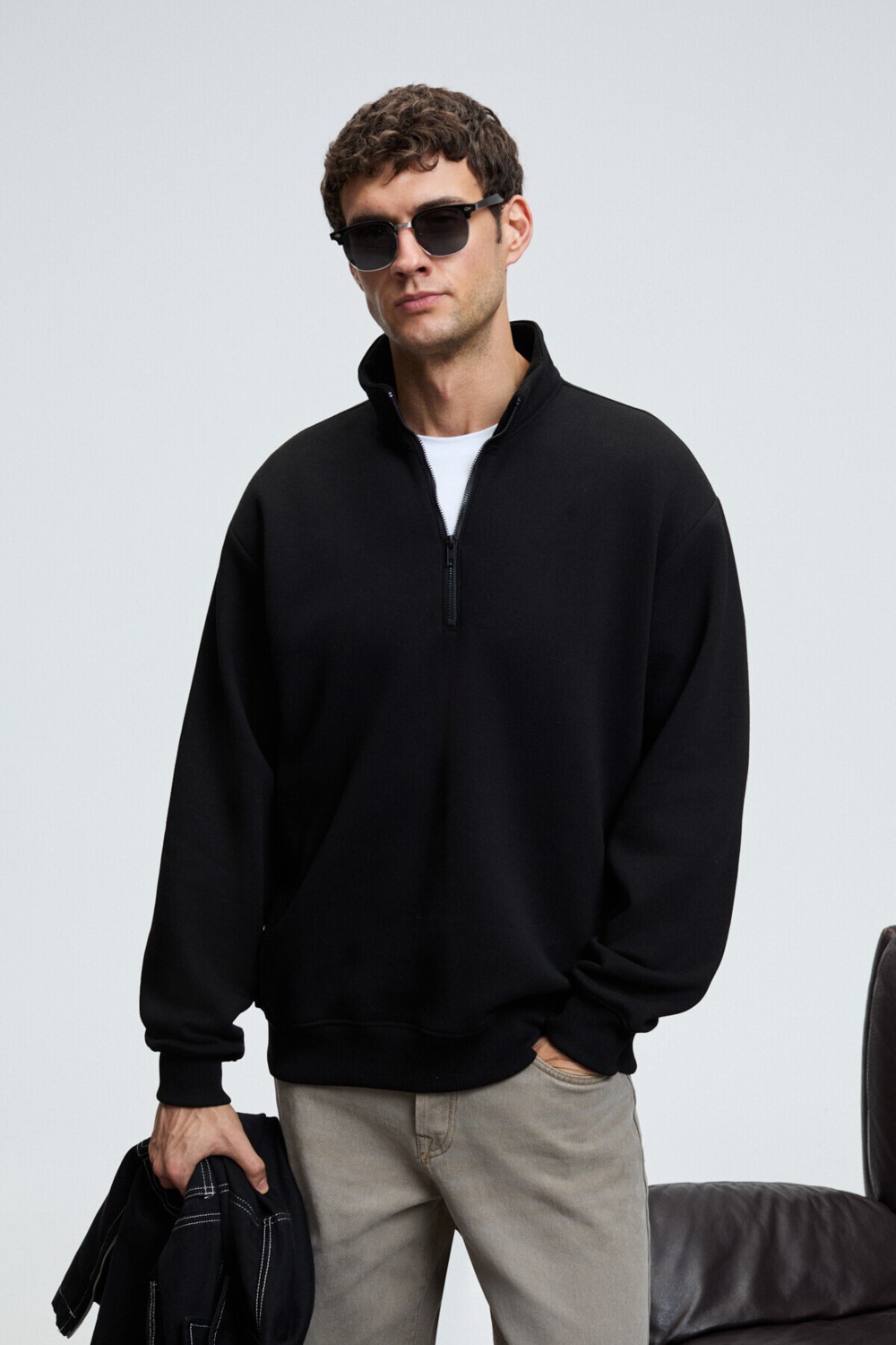 Grimelange BAXTER Erkek Dik Yakalı Fermuarlı Relaxed Lacivert Sweatshirt
