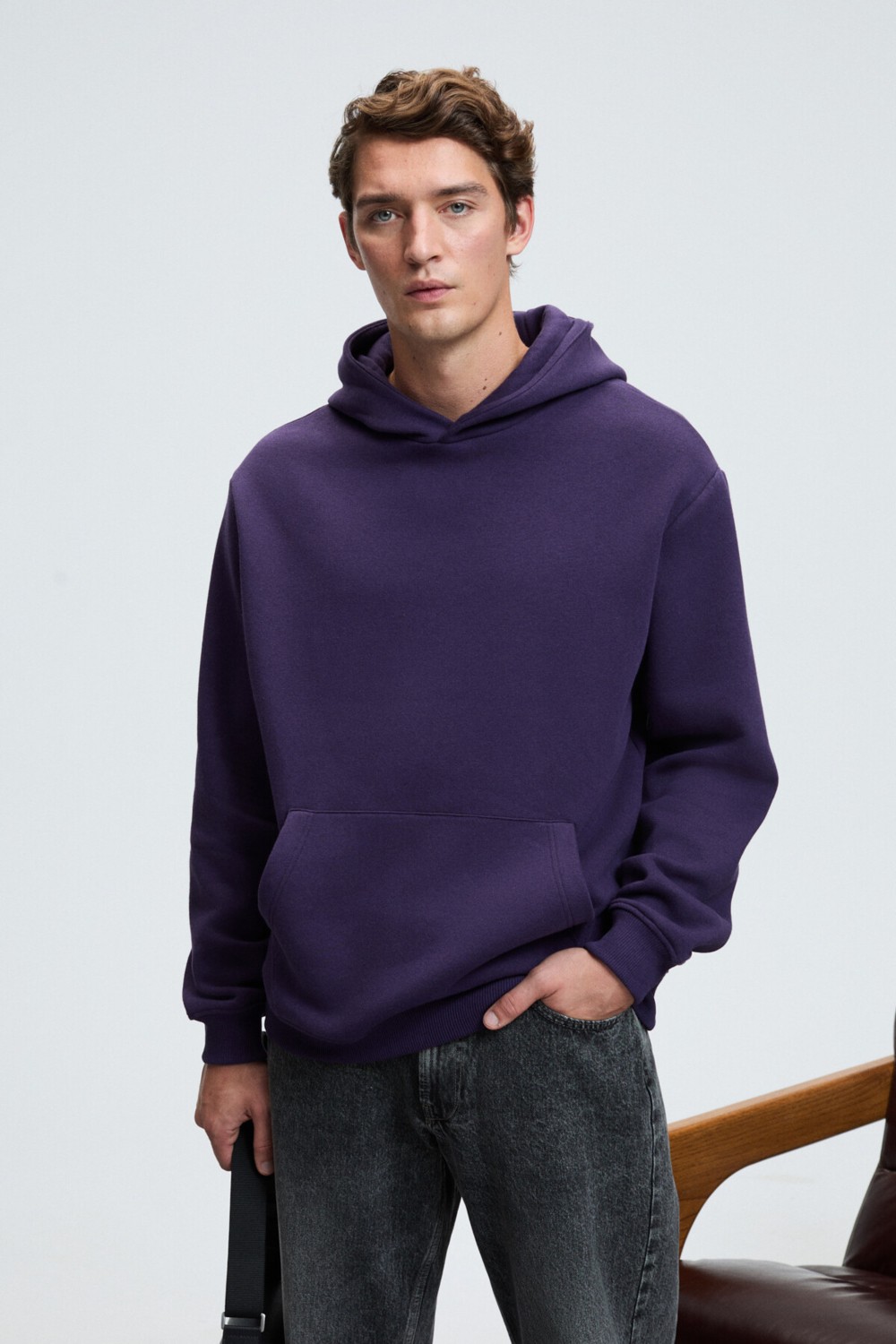Grimelange AMOS Erkek Yumuşak Kumaşlı 3 İplik Oversize Kapüşonlu Kanguru Cepli Siyah Sweatshirt