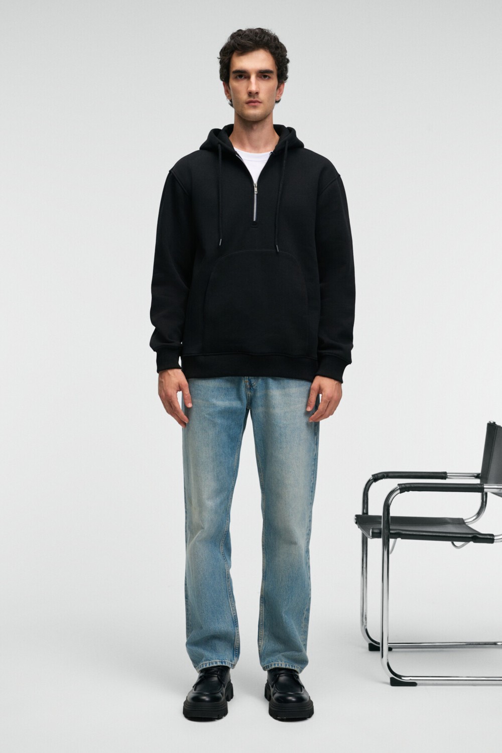 Grimelange JUSTUS Erkek Kapüşonlu Kanguru Cepli Fermuar Yakalı Siyah Sweatshirt görsel 5