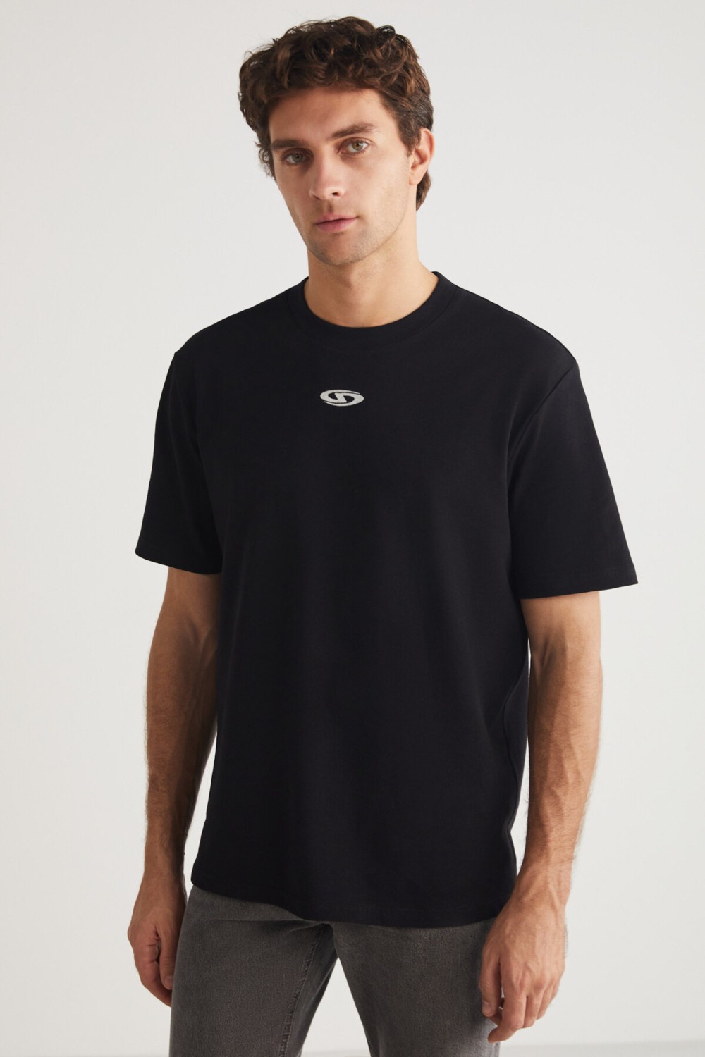 Grimelange FERRAN Erkek Bisiklet Yaka %100 Pamuk Baskı Detaylı Siyah T-Shirt