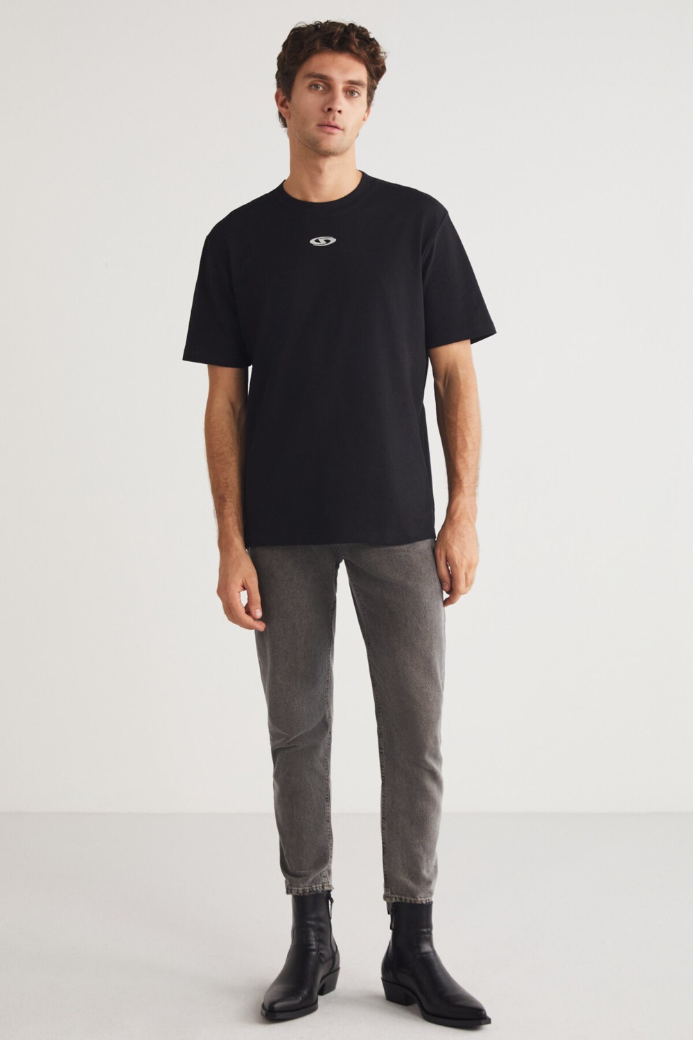 Grimelange FERRAN Erkek Bisiklet Yaka %100 Pamuk Baskı Detaylı Siyah T-Shirt görsel 2