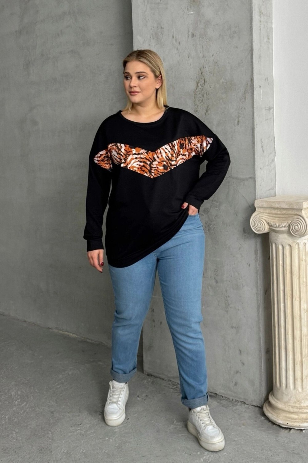 Stil Diva Büyük Beden Bisiklet Yaka Uzun Kollu Leopar Desenli Sweatshirt 300281 görsel 6