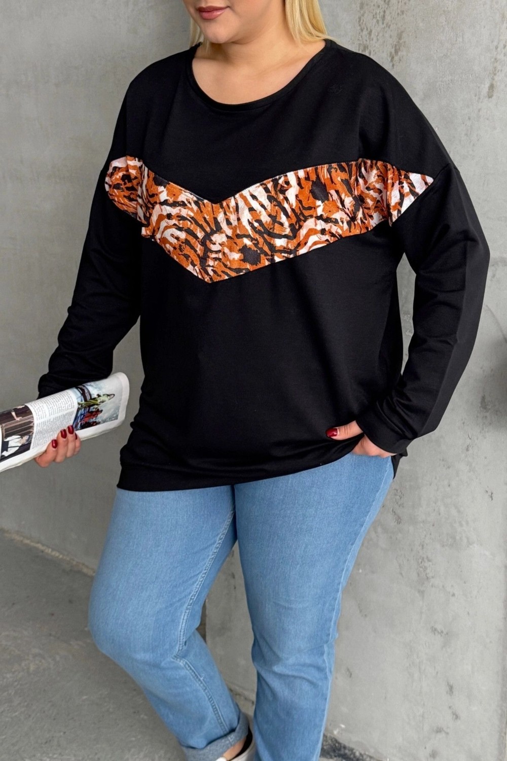 Stil Diva Büyük Beden Bisiklet Yaka Uzun Kollu Leopar Desenli Sweatshirt 300281 görsel 7