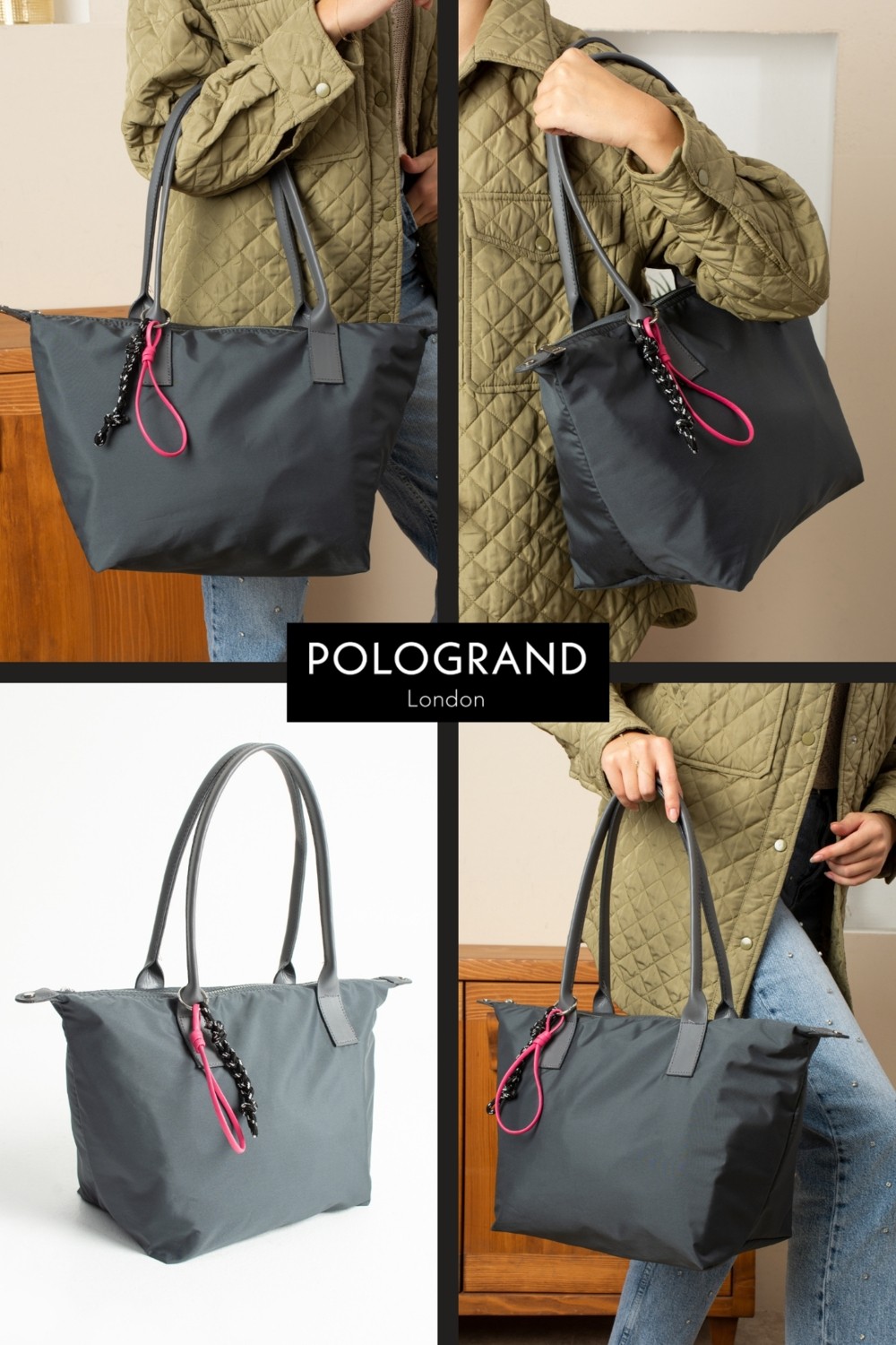 POLOGRAND London Orijinal Geniş Hacimli Su Geçirmez Paraşüt Kumaş Shopper Trend ve Şık Büyük Boy Omuz ve Kol Çantası görsel 2