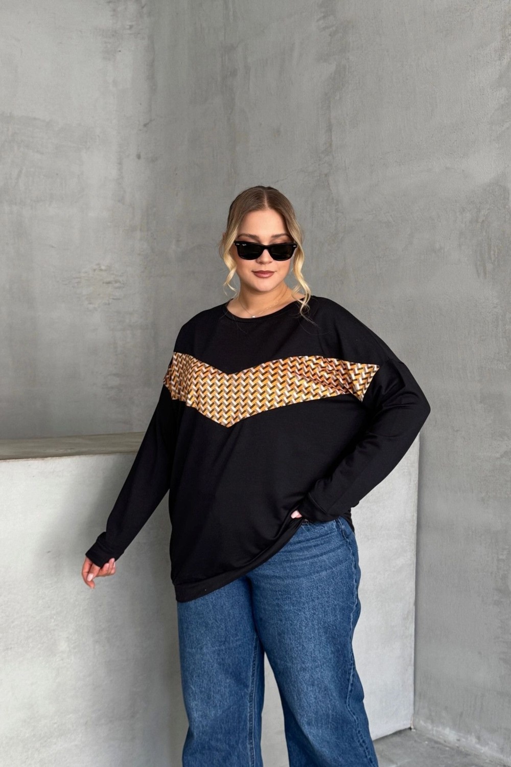 Stil Diva Büyük Beden Bisiklet Yaka Uzun Kollu Önü Baskılı Sweatshirt 300282