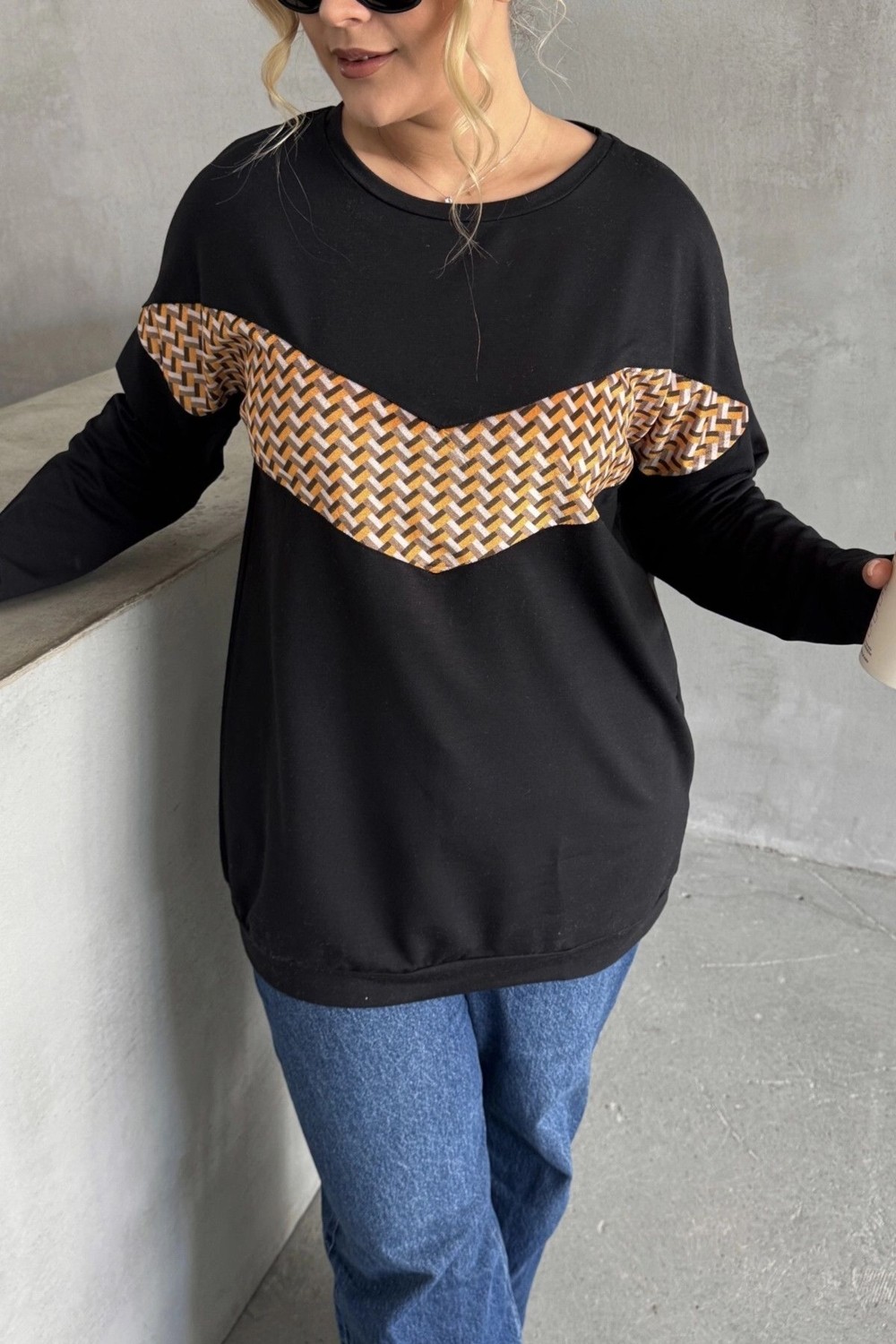 Stil Diva Büyük Beden Bisiklet Yaka Uzun Kollu Önü Baskılı Sweatshirt 300282 görsel 5