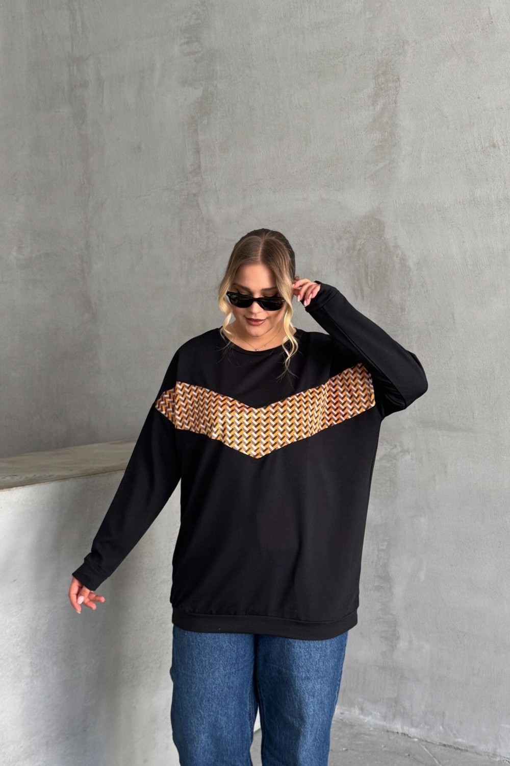 Stil Diva Büyük Beden Bisiklet Yaka Uzun Kollu Önü Baskılı Sweatshirt 300282 görsel 6