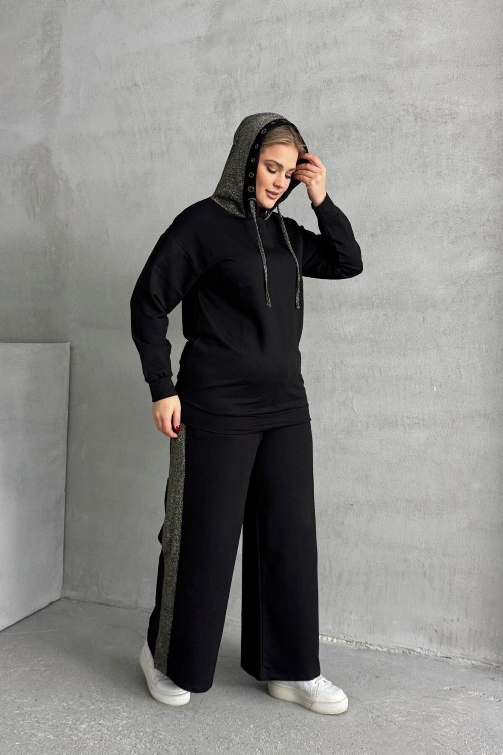 Stil Diva Büyük Beden Uzun Kollu Kapüşonu Desenli Beli Lastikli Sweatshirt 106-73 görsel 4