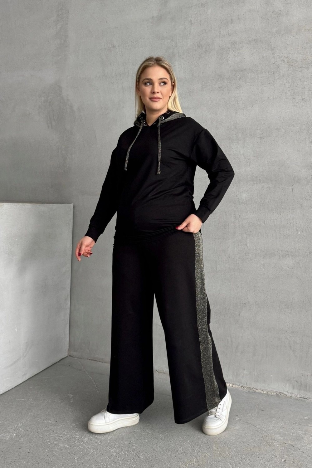 Stil Diva Büyük Beden Uzun Kollu Kapüşonu Desenli Beli Lastikli Sweatshirt 106-73 görsel 5