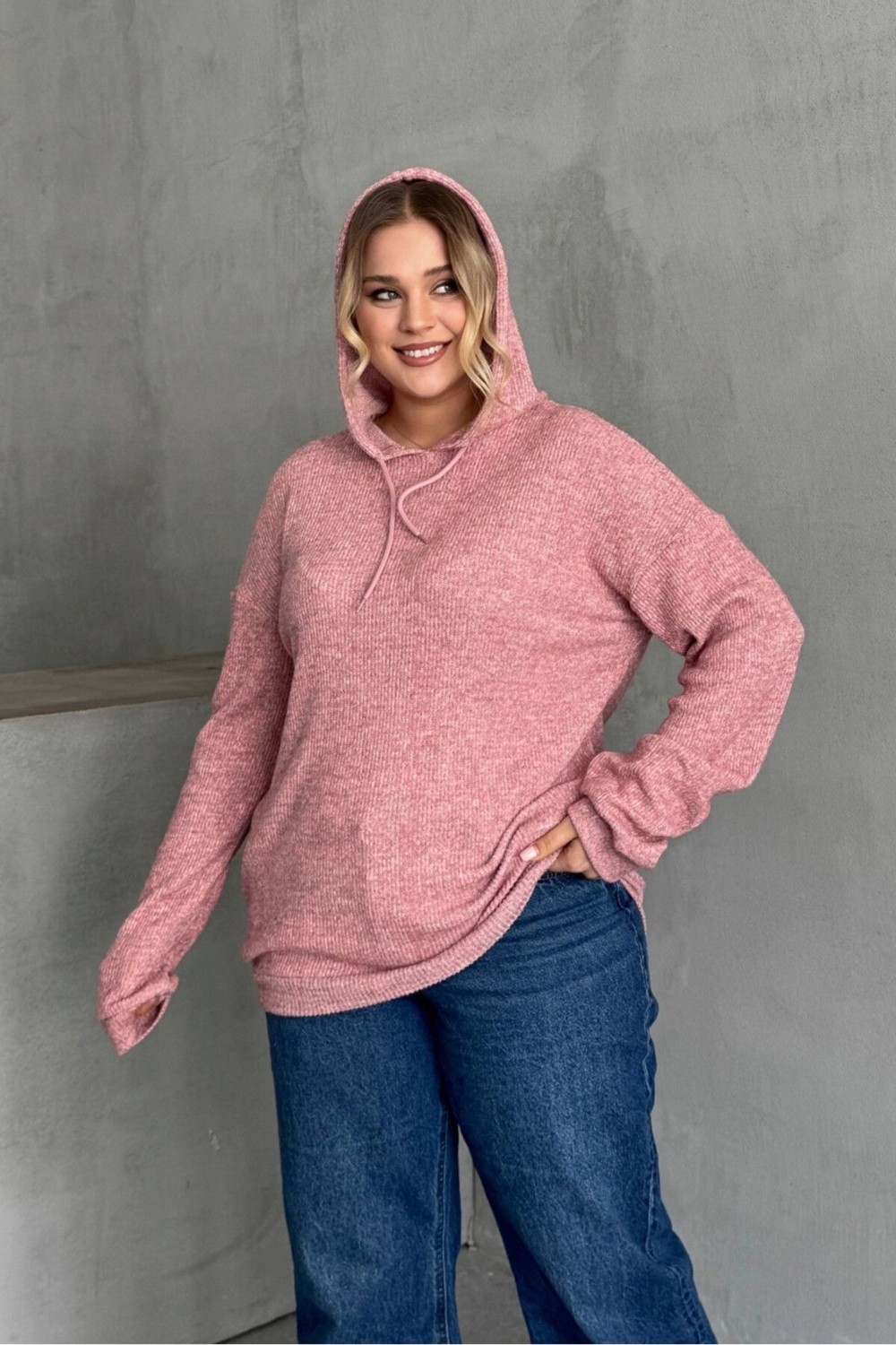 Stil Diva Büyük Beden Kadın Uzun Kollu Pembe Kapüşonlu Sweatshirt İnce Örme Ekstra Rahat Tasarım-300373