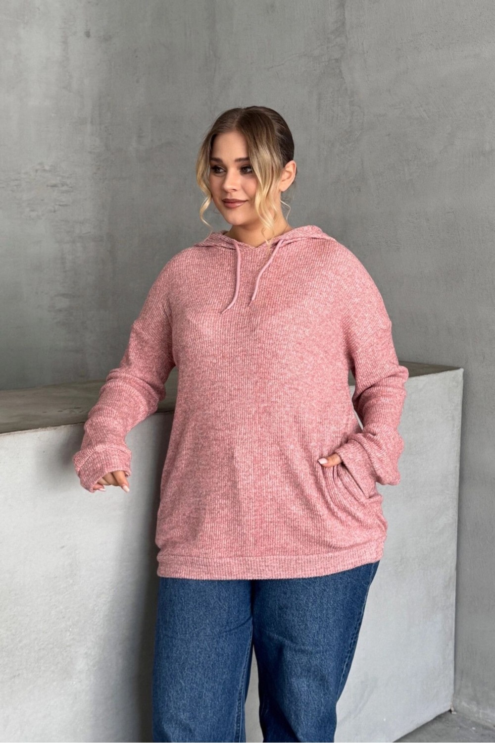 Stil Diva Büyük Beden Kadın Uzun Kollu Pembe Kapüşonlu Sweatshirt İnce Örme Ekstra Rahat Tasarım-300373 görsel 2