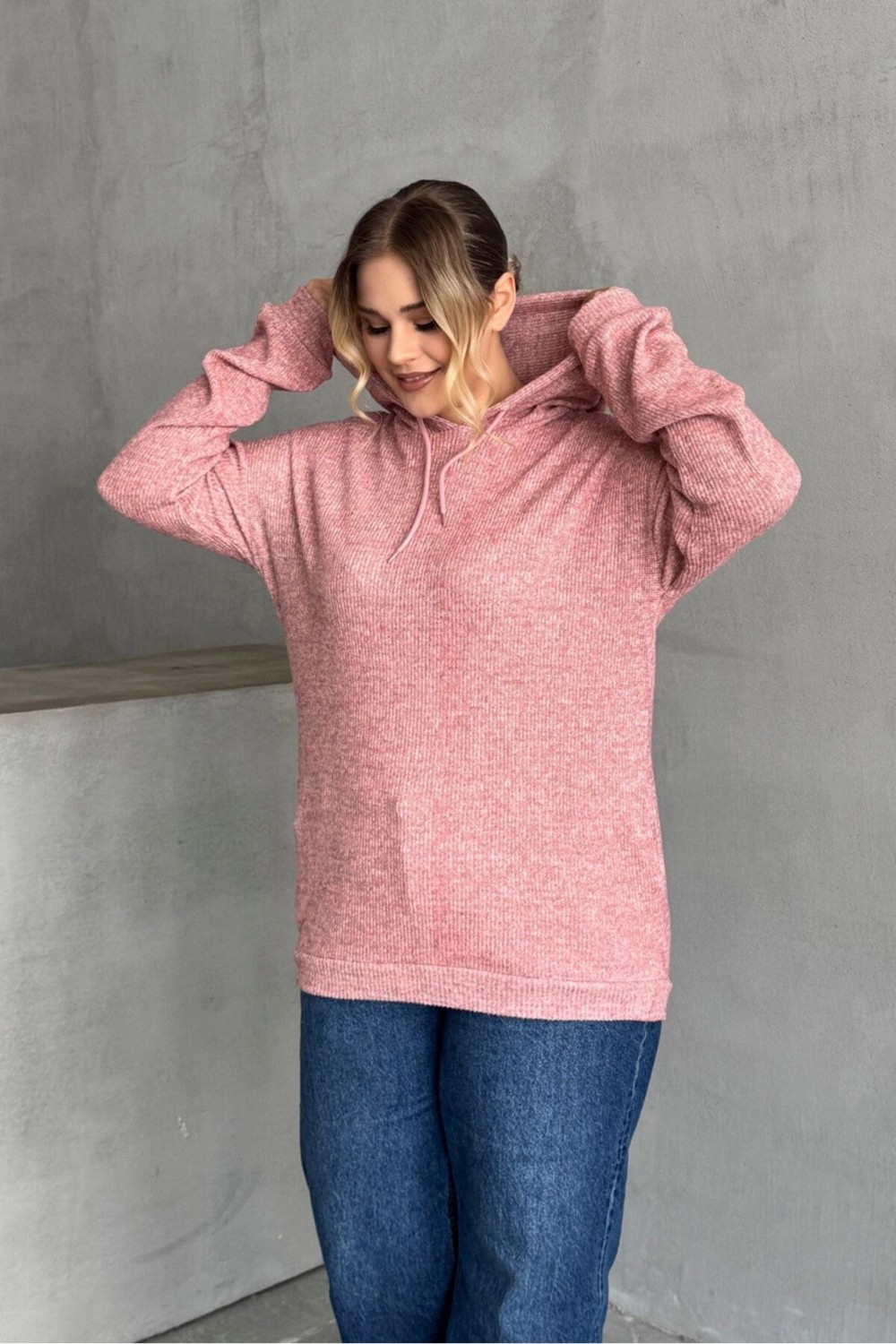 Stil Diva Büyük Beden Kadın Uzun Kollu Pembe Kapüşonlu Sweatshirt İnce Örme Ekstra Rahat Tasarım-300373 görsel 5