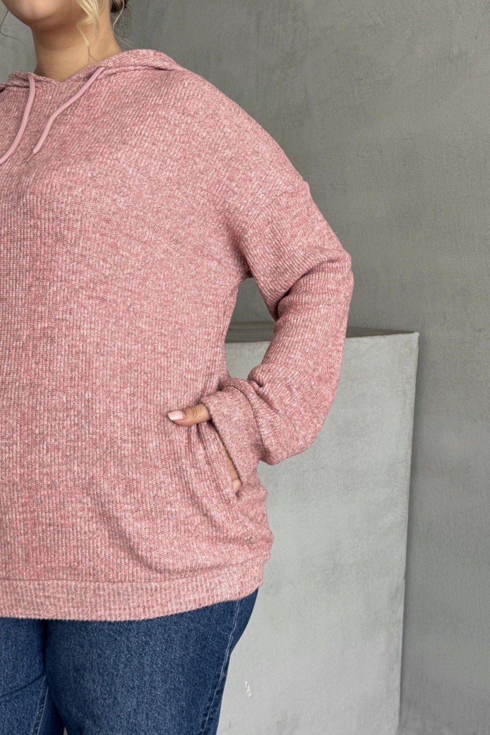 Stil Diva Büyük Beden Kadın Uzun Kollu Pembe Kapüşonlu Sweatshirt İnce Örme Ekstra Rahat Tasarım-300373 görsel 6