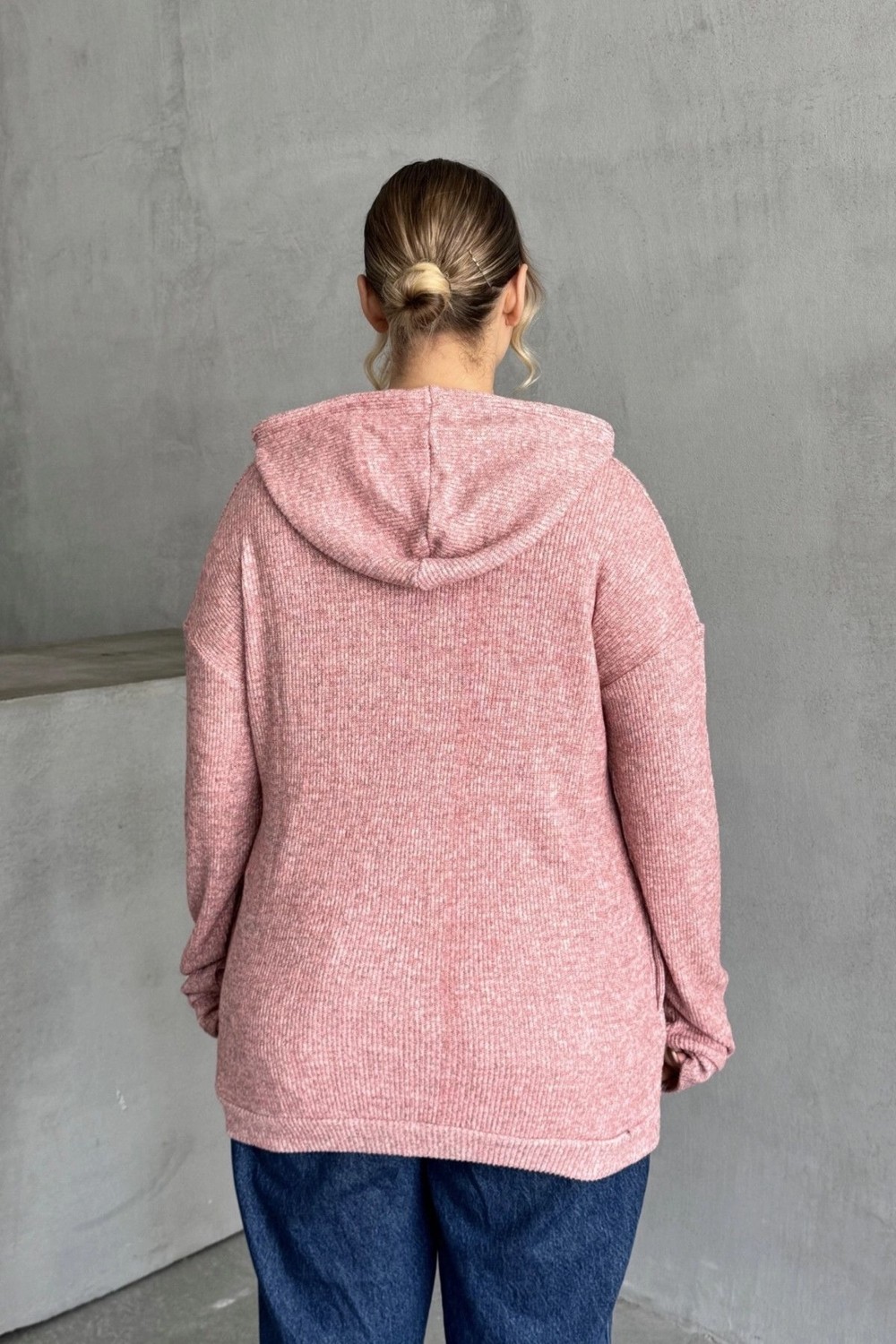 Stil Diva Büyük Beden Kadın Uzun Kollu Pembe Kapüşonlu Sweatshirt İnce Örme Ekstra Rahat Tasarım-300373 görsel 7