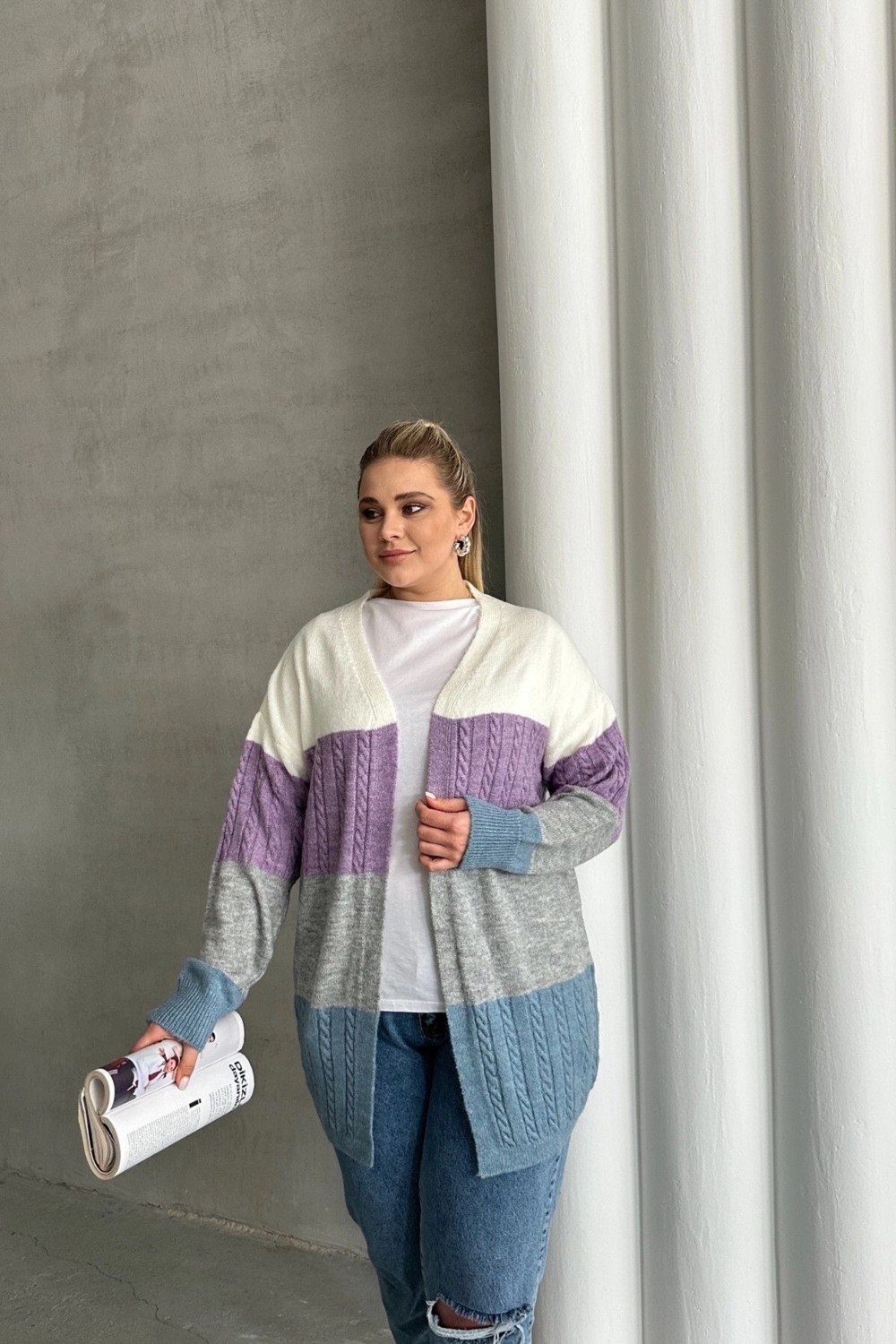 Stil Diva Büyük Beden Uzun Kollu Renk Bloklu Triko Hırka 302148 Dokuma Kumaş Özellikli