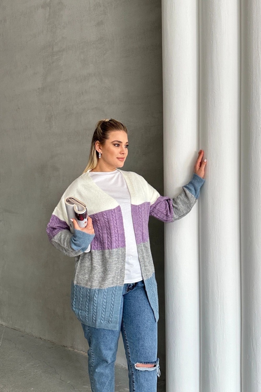 Stil Diva Büyük Beden Uzun Kollu Renk Bloklu Triko Hırka 302148 Dokuma Kumaş Özellikli görsel 4
