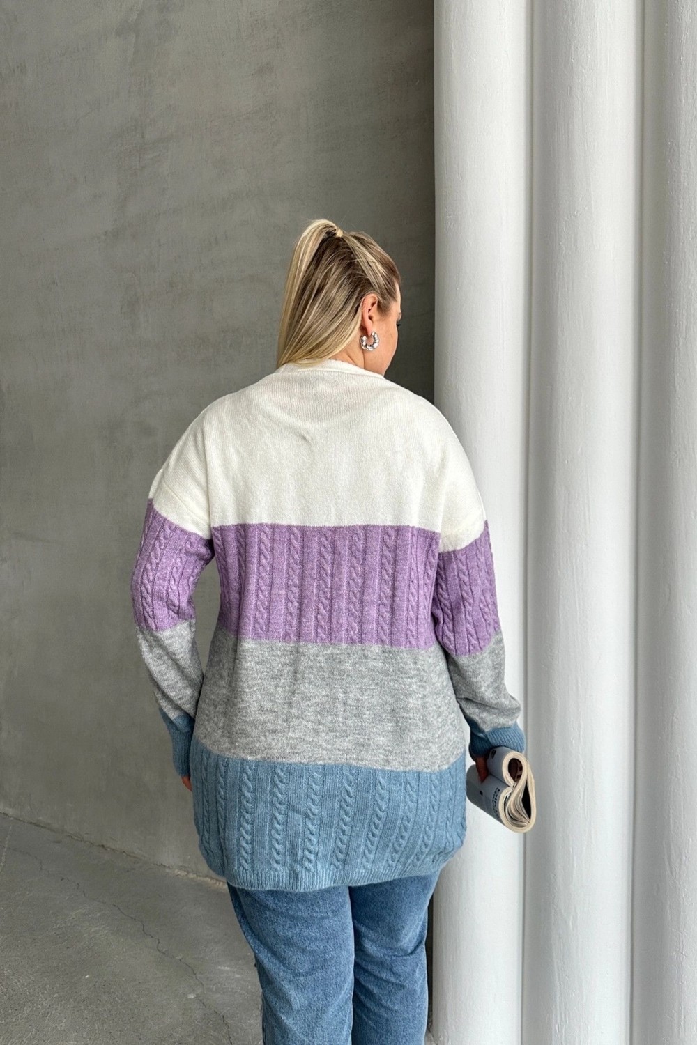 Stil Diva Büyük Beden Uzun Kollu Renk Bloklu Triko Hırka 302148 Dokuma Kumaş Özellikli görsel 7