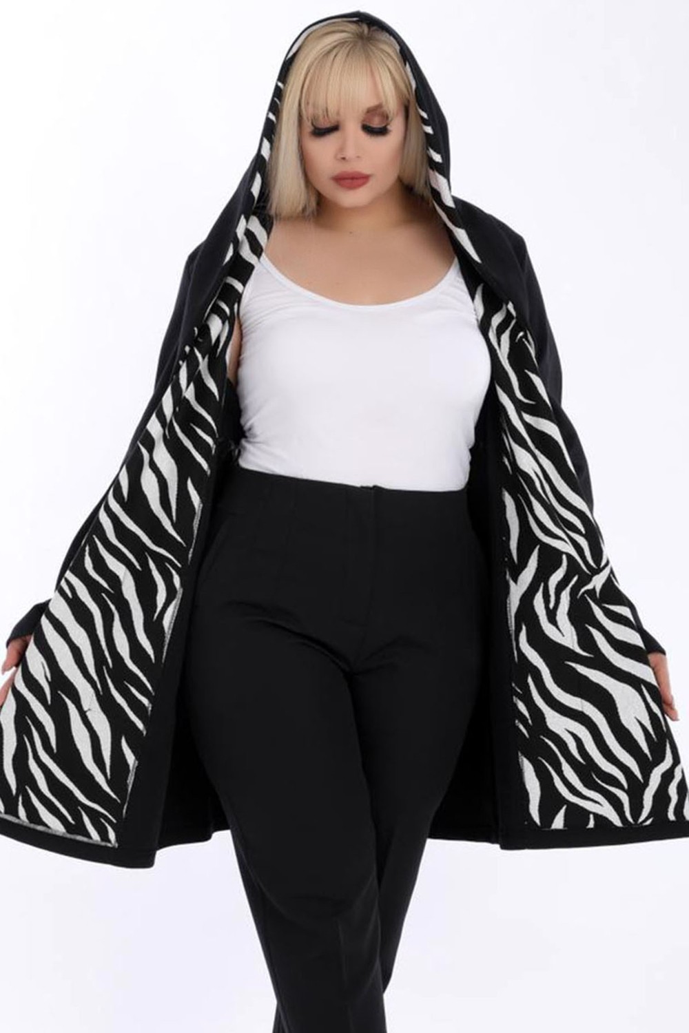Kheos Kapüşonlu Cepli Zebra Desen Detaylı Uzun Kol Kadın Hırka %95 Pamuk Hava Alabilen Kumaş görsel 2