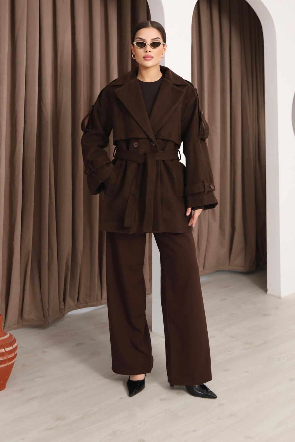 Hazel Kadın Kahverengi Kruvaze Oversize Kuşaklı Kaşe Kaban
