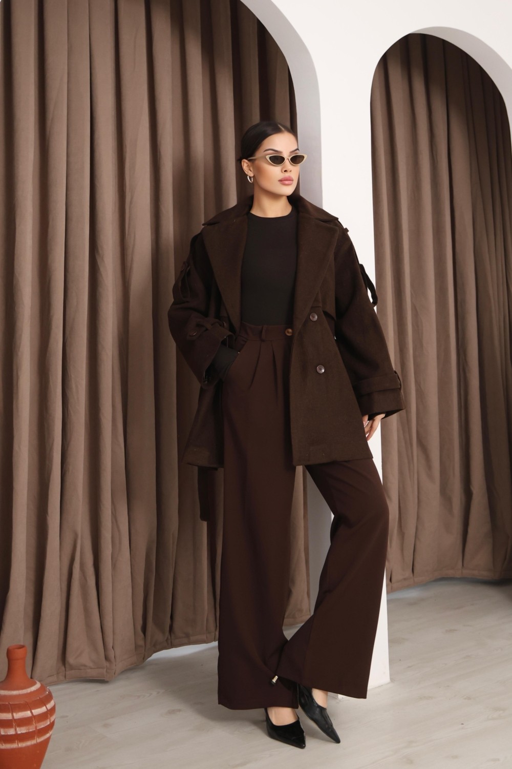 Hazel Kadın Kahverengi Kruvaze Oversize Kuşaklı Kaşe Kaban görsel 2