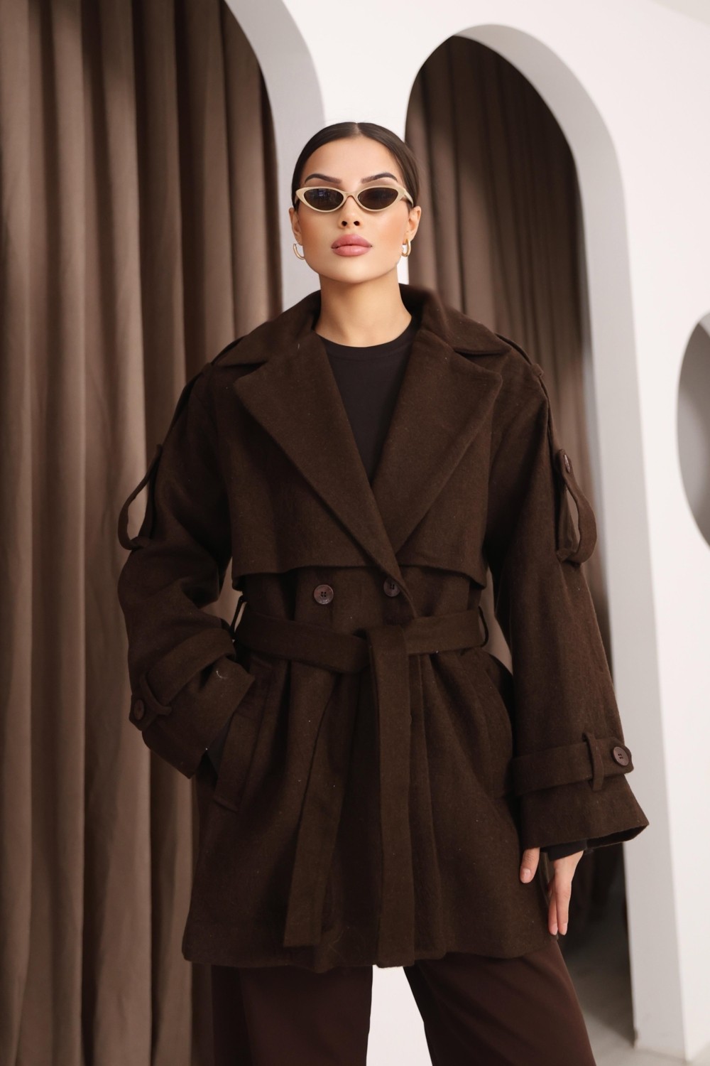 Hazel Kadın Kahverengi Kruvaze Oversize Kuşaklı Kaşe Kaban görsel 4