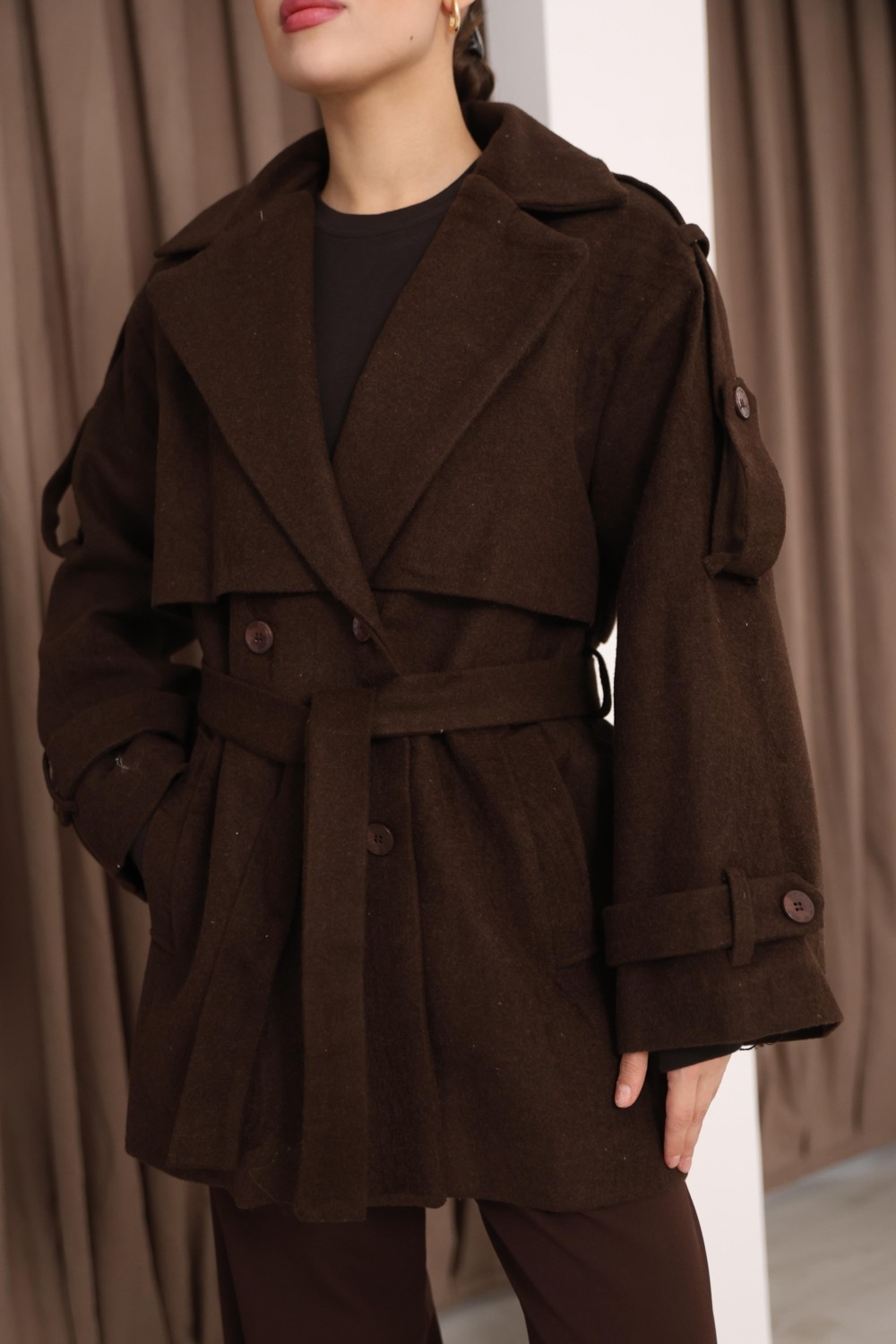 Hazel Kadın Kahverengi Kruvaze Oversize Kuşaklı Kaşe Kaban görsel 5