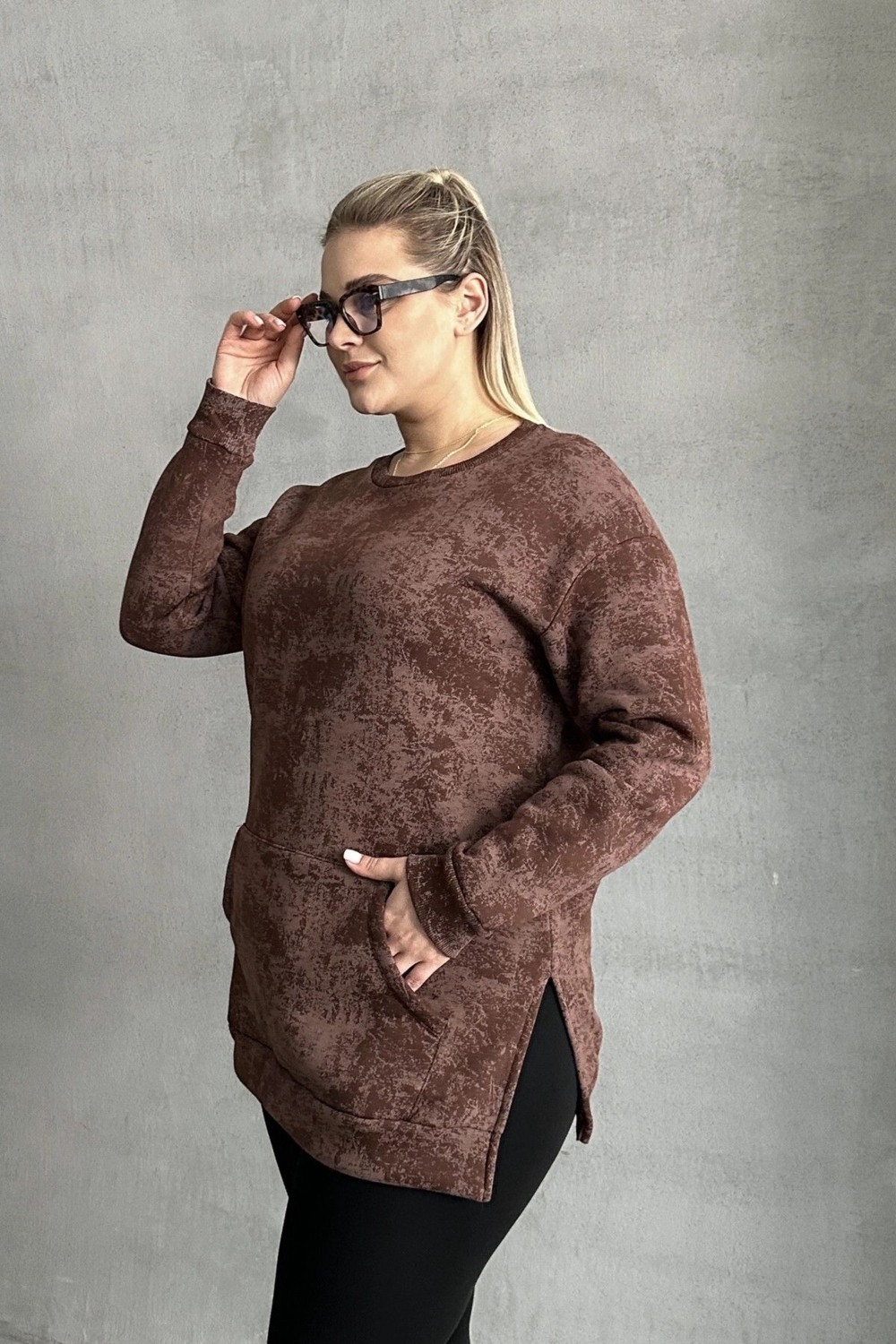 Stil Diva Büyük Beden Uzun Kollu Bisiklet Yaka Önü Cepli Desenli Sweatshirt 106-79 görsel 2