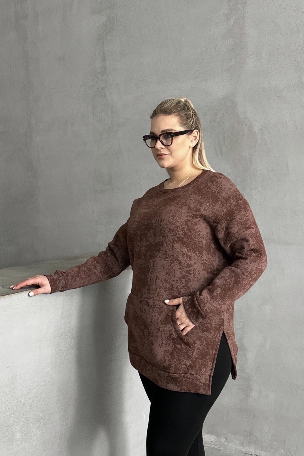 Stil Diva Büyük Beden Uzun Kollu Bisiklet Yaka Önü Cepli Desenli Sweatshirt 106-79 görsel 4