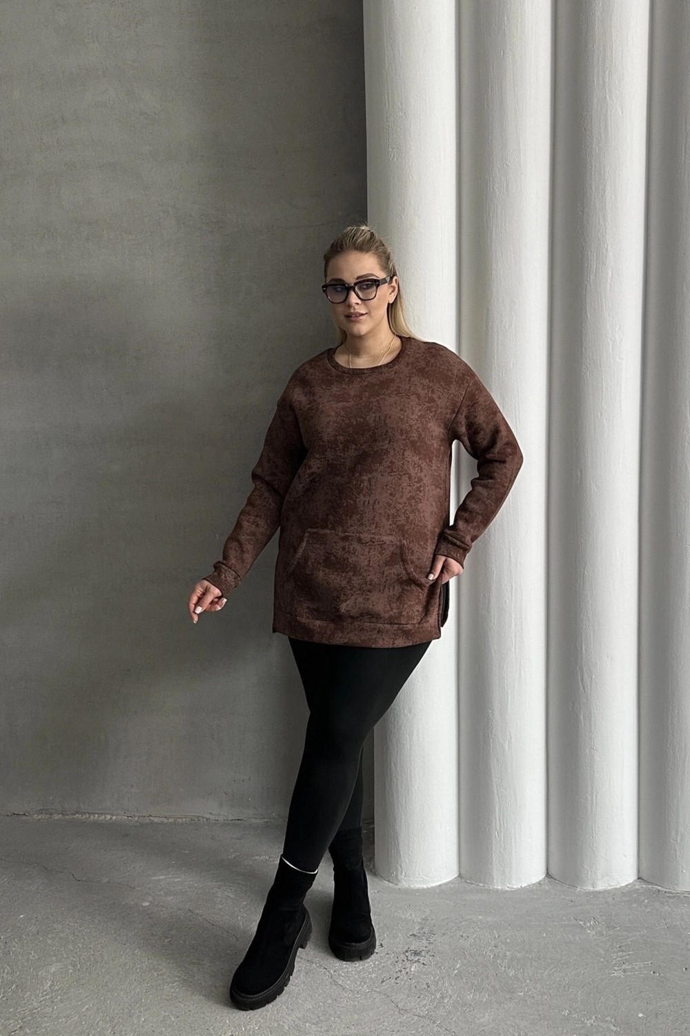 Stil Diva Büyük Beden Uzun Kollu Bisiklet Yaka Önü Cepli Desenli Sweatshirt 106-79 görsel 5