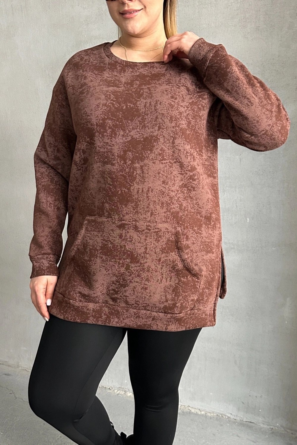 Stil Diva Büyük Beden Uzun Kollu Bisiklet Yaka Önü Cepli Desenli Sweatshirt 106-79 görsel 6