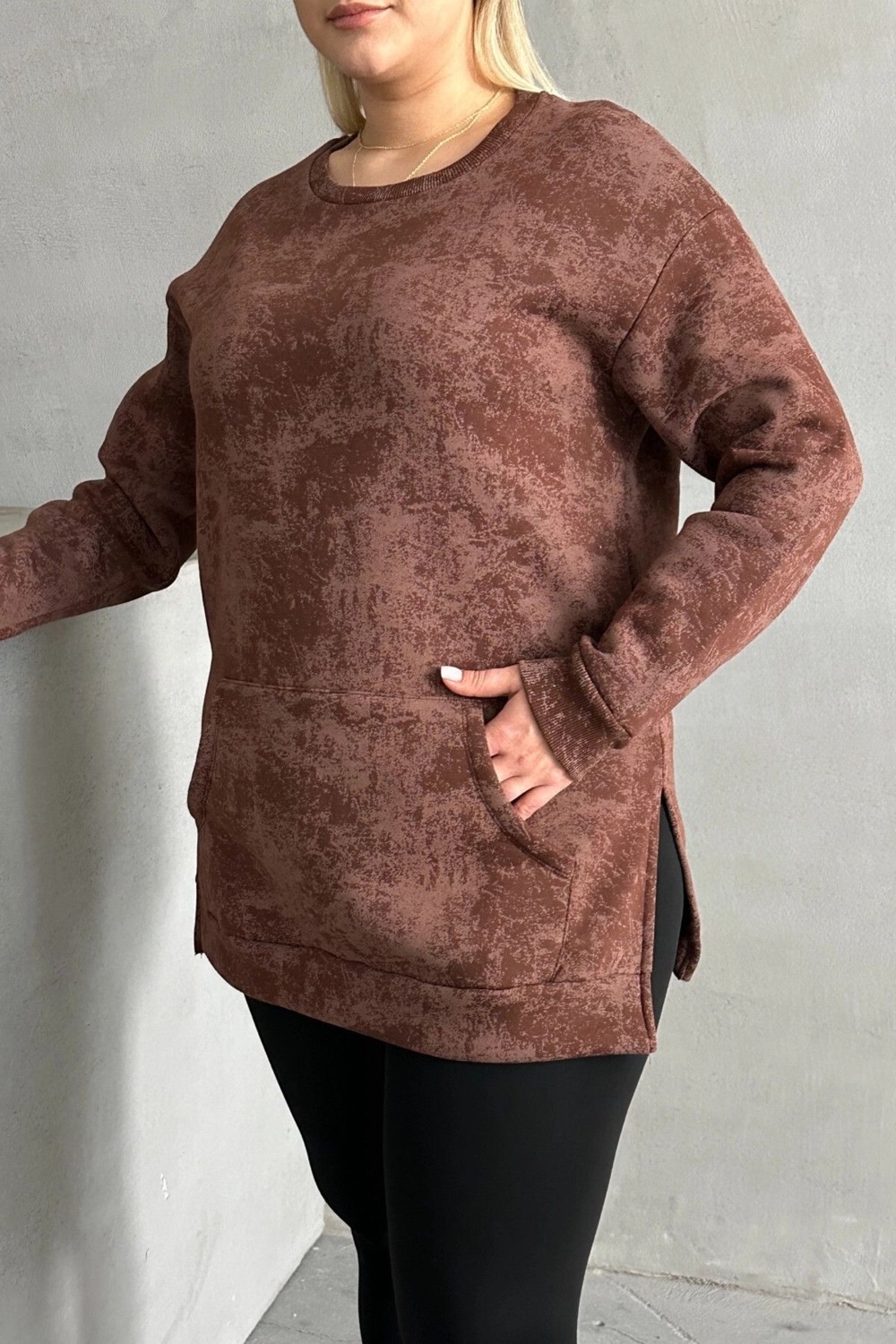 Stil Diva Büyük Beden Uzun Kollu Bisiklet Yaka Önü Cepli Desenli Sweatshirt 106-79 görsel 7