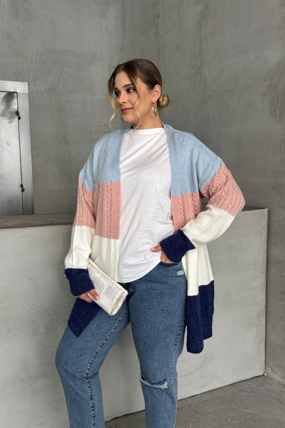 Stil Diva Büyük Beden Uzun Kollu Önü Kapamasız Renk Bloklu Triko Hırka 302147 görsel 2