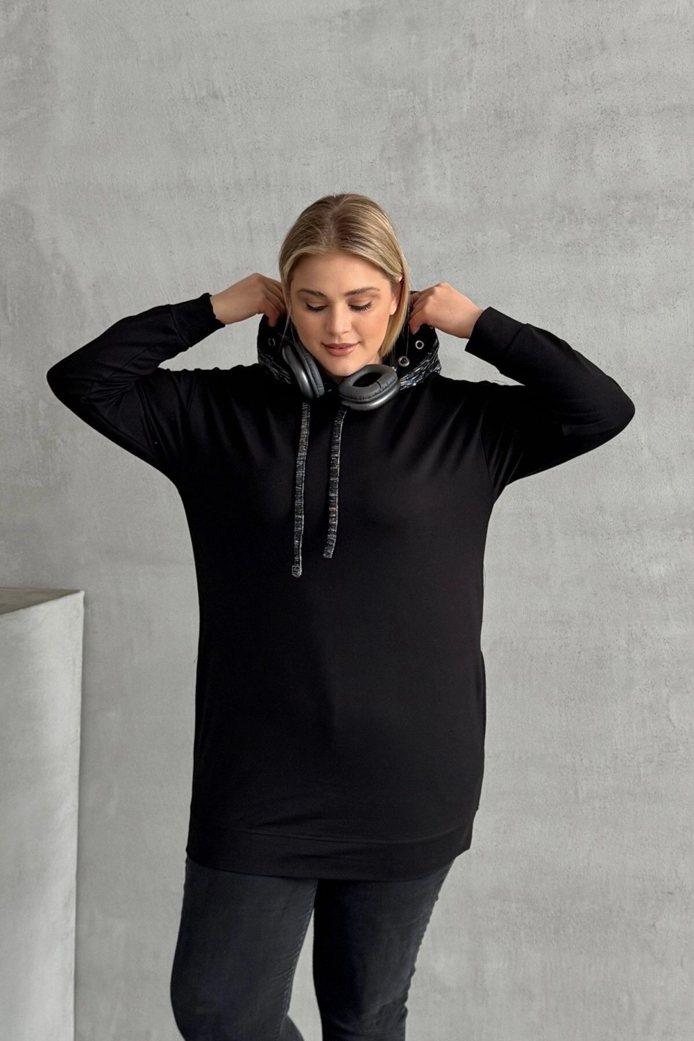 Stil Diva Büyük Beden Uzun Kollu Kapüşonu Desenli Cepli Sweatshirt 106-92 görsel 4