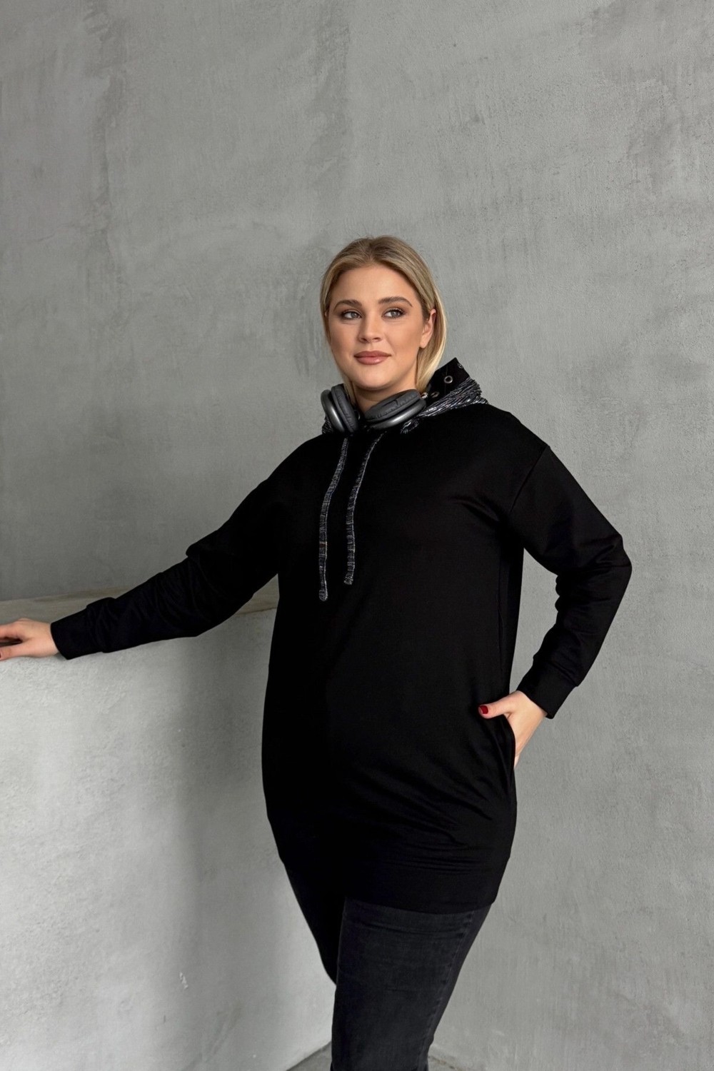 Stil Diva Büyük Beden Uzun Kollu Kapüşonu Desenli Cepli Sweatshirt 106-92 görsel 5