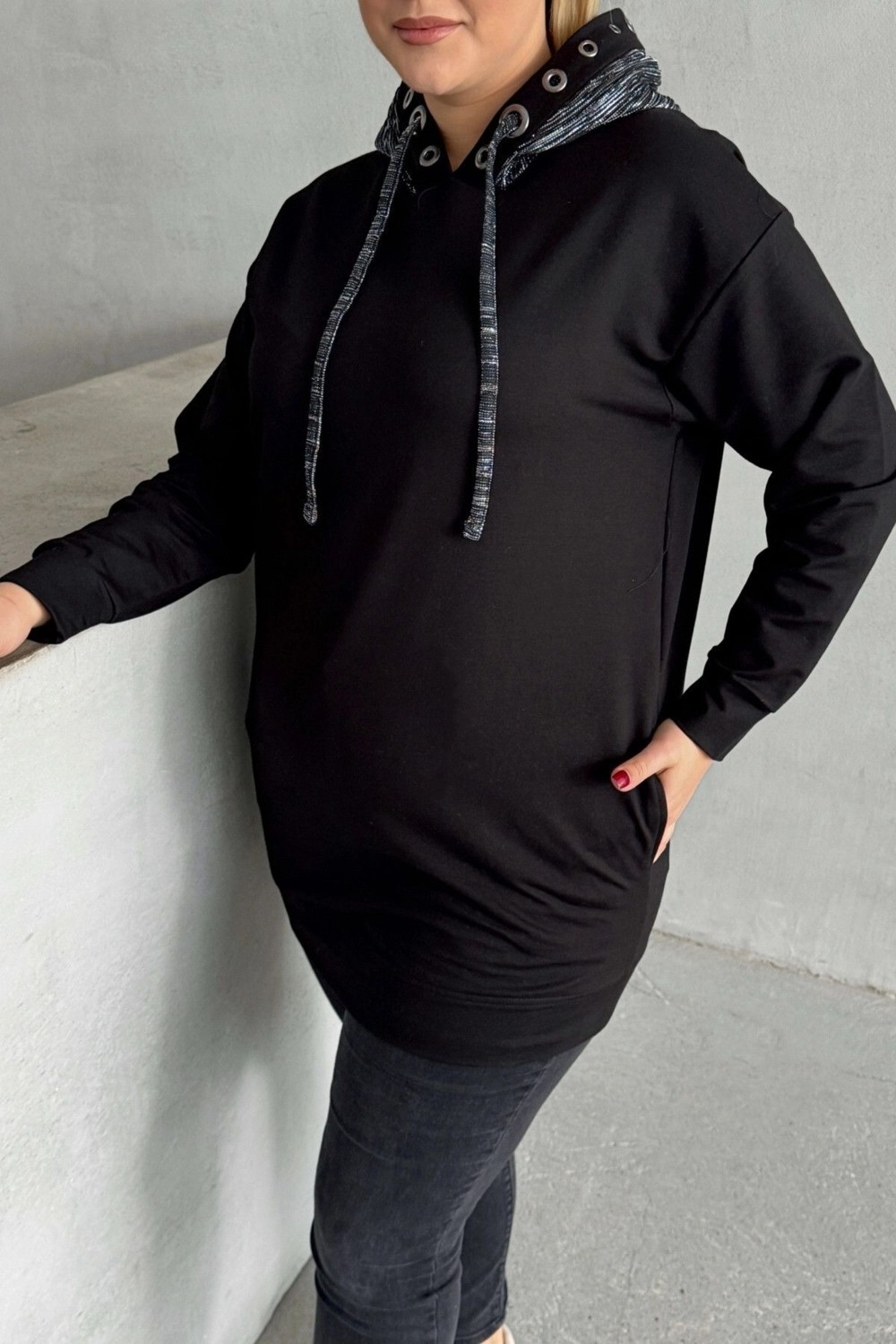 Stil Diva Büyük Beden Uzun Kollu Kapüşonu Desenli Cepli Sweatshirt 106-92 görsel 6