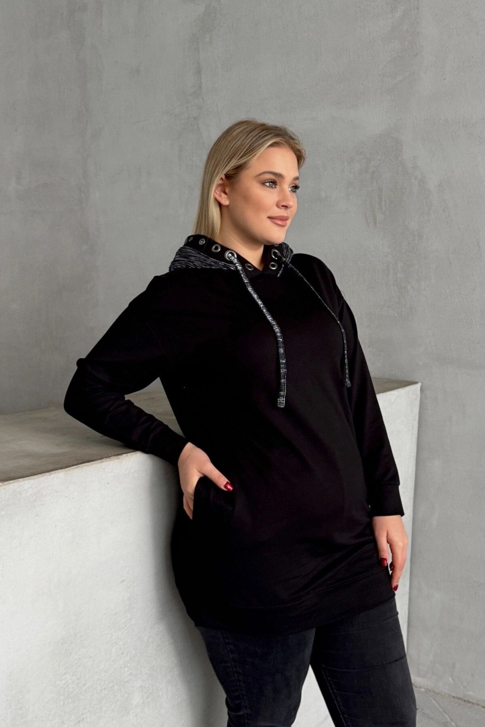 Stil Diva Büyük Beden Uzun Kollu Kapüşonu Desenli Cepli Sweatshirt 106-92 görsel 7