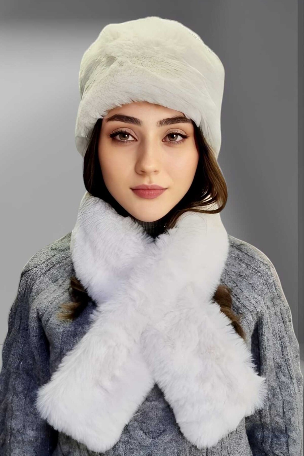 Tezzgelsin Kadın Vegan Kürk Kalpak-Atkı Set görsel 6