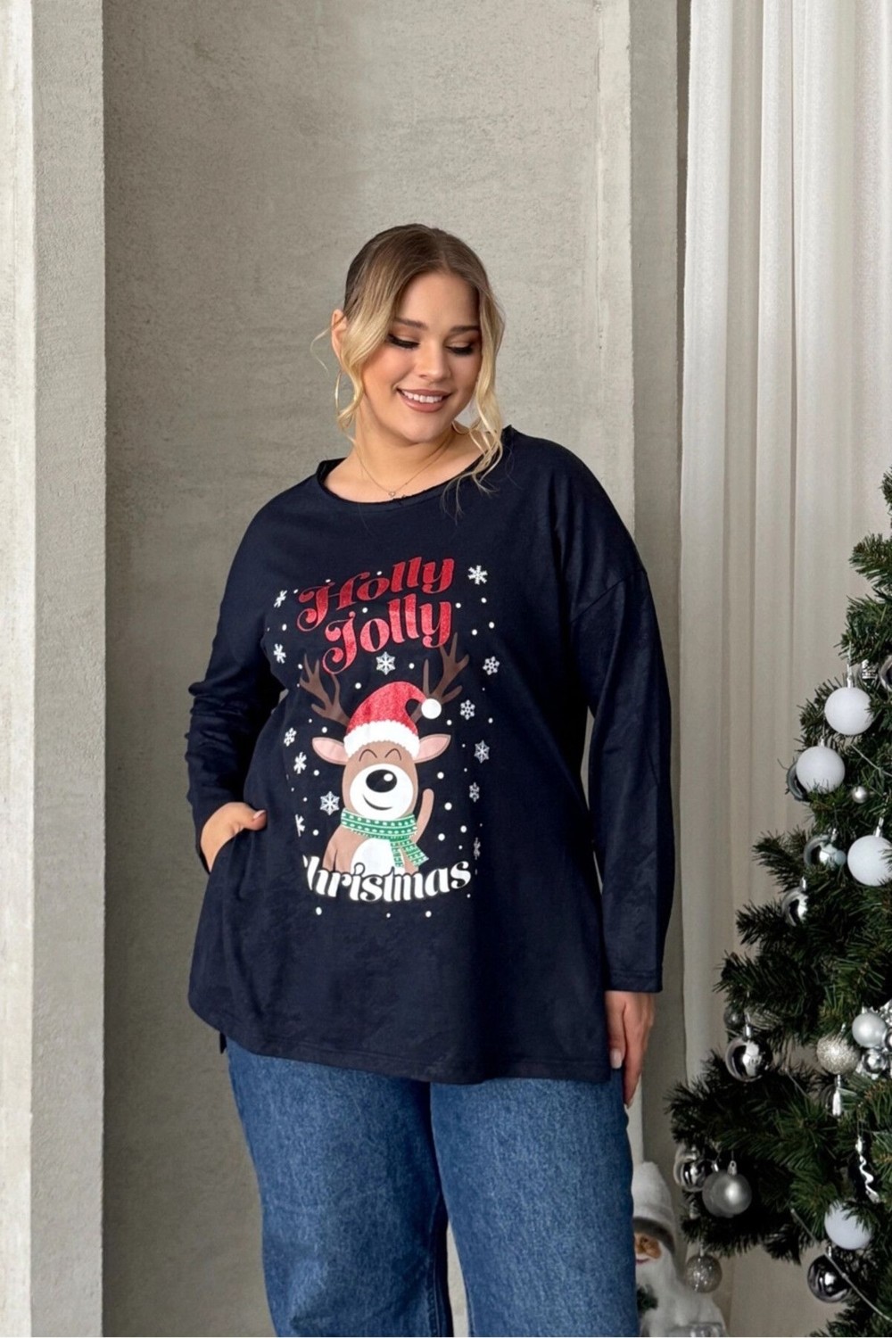 Stil Diva Büyük Beden Yılbaşı Temalı Bisiklet Yaka Uzun Kollu Yırtmaçlı Sweatshirt 303909 görsel 2