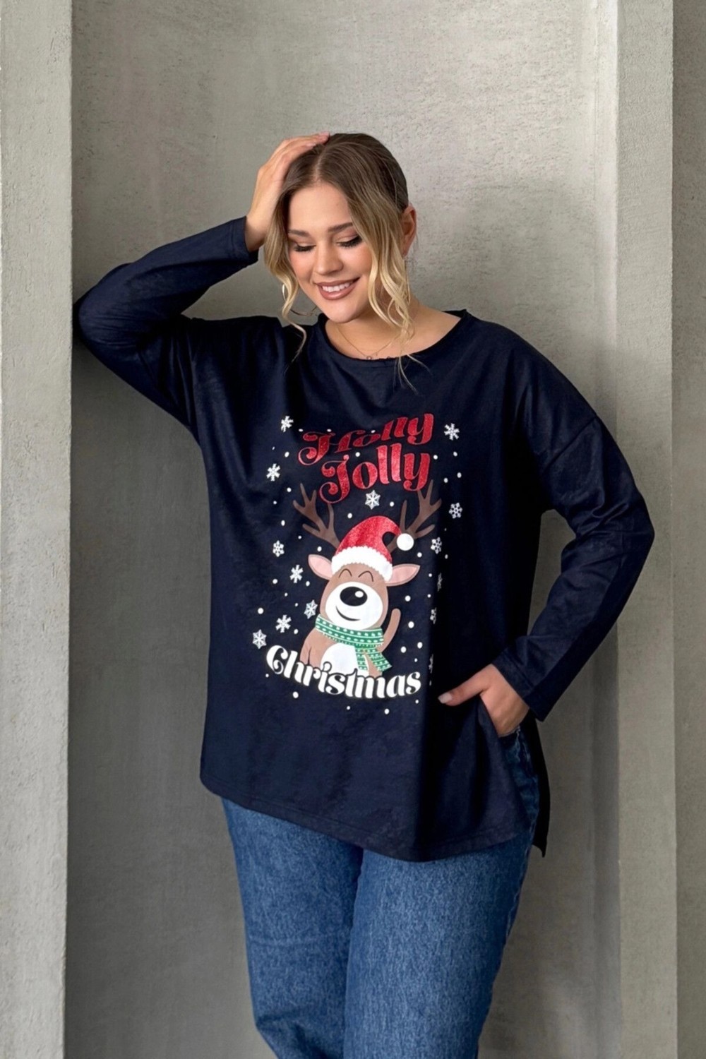 Stil Diva Büyük Beden Yılbaşı Temalı Bisiklet Yaka Uzun Kollu Yırtmaçlı Sweatshirt 303909 görsel 4