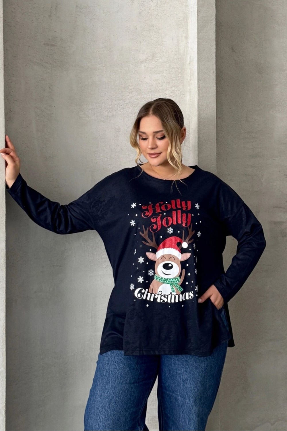 Stil Diva Büyük Beden Yılbaşı Temalı Bisiklet Yaka Uzun Kollu Yırtmaçlı Sweatshirt 303909 görsel 6