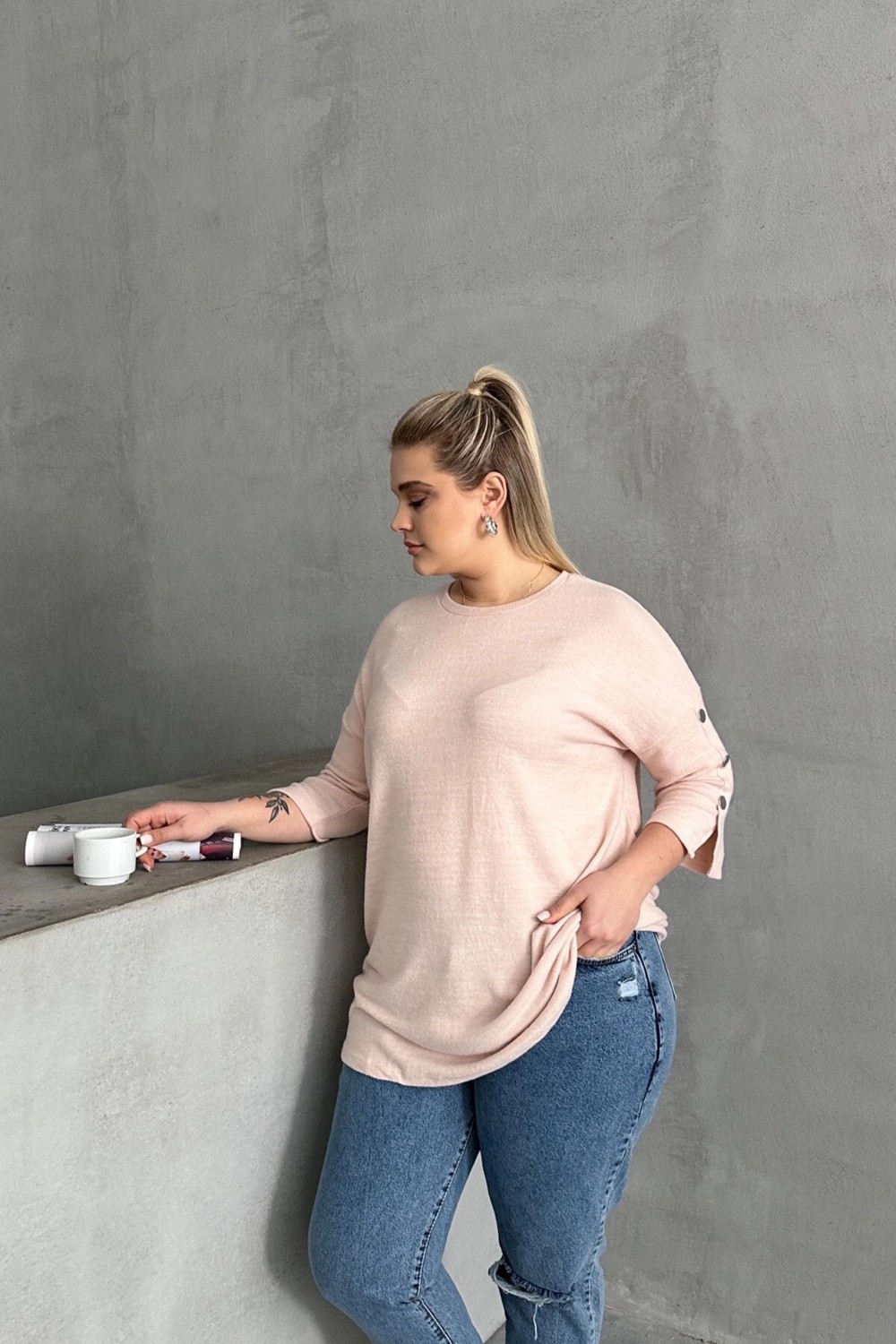 Stil Diva Büyük Beden Kadın Yarım Kollu Düğme Detaylı Bisiklet Yaka Bej Kazak 303072 Günlük Kullanım İçin görsel 4